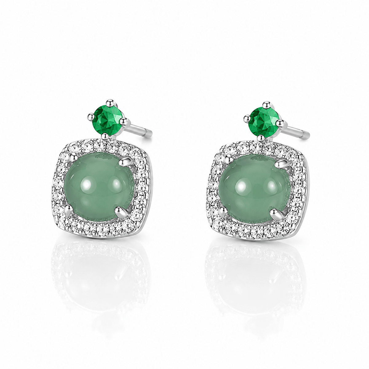 Green Cat Eye Stone Stud Earrings with CZ Halo in Sterling Silver - NAFALUXE
