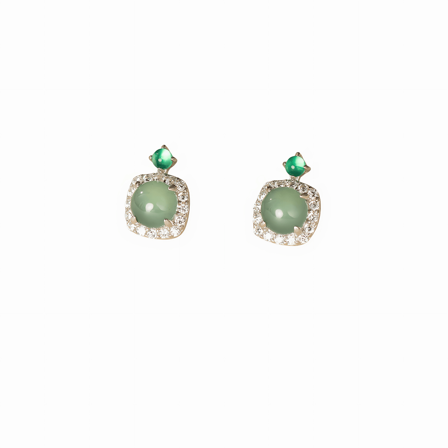 Green Cat Eye Stone Stud Earrings with CZ Halo in Sterling Silver - NAFALUXE