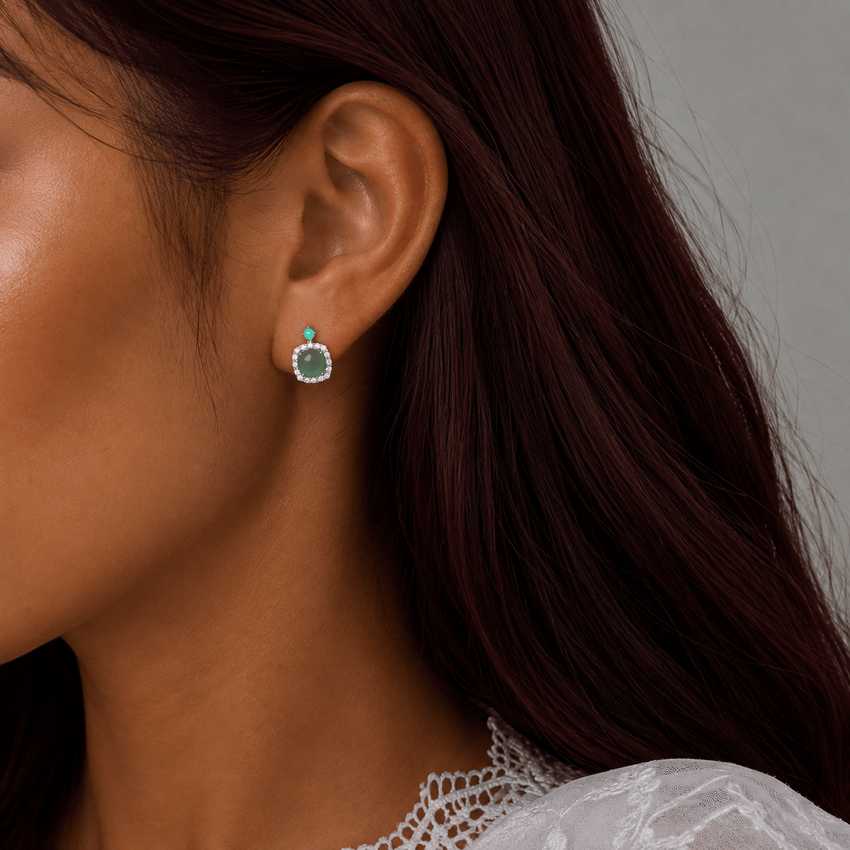Green Cat Eye Stone Stud Earrings with CZ Halo in Sterling Silver - NAFALUXE