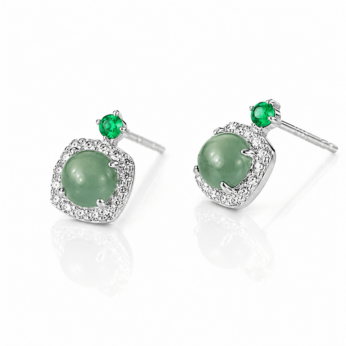 Green Cat Eye Stone Stud Earrings with CZ Halo in Sterling Silver - NAFALUXE
