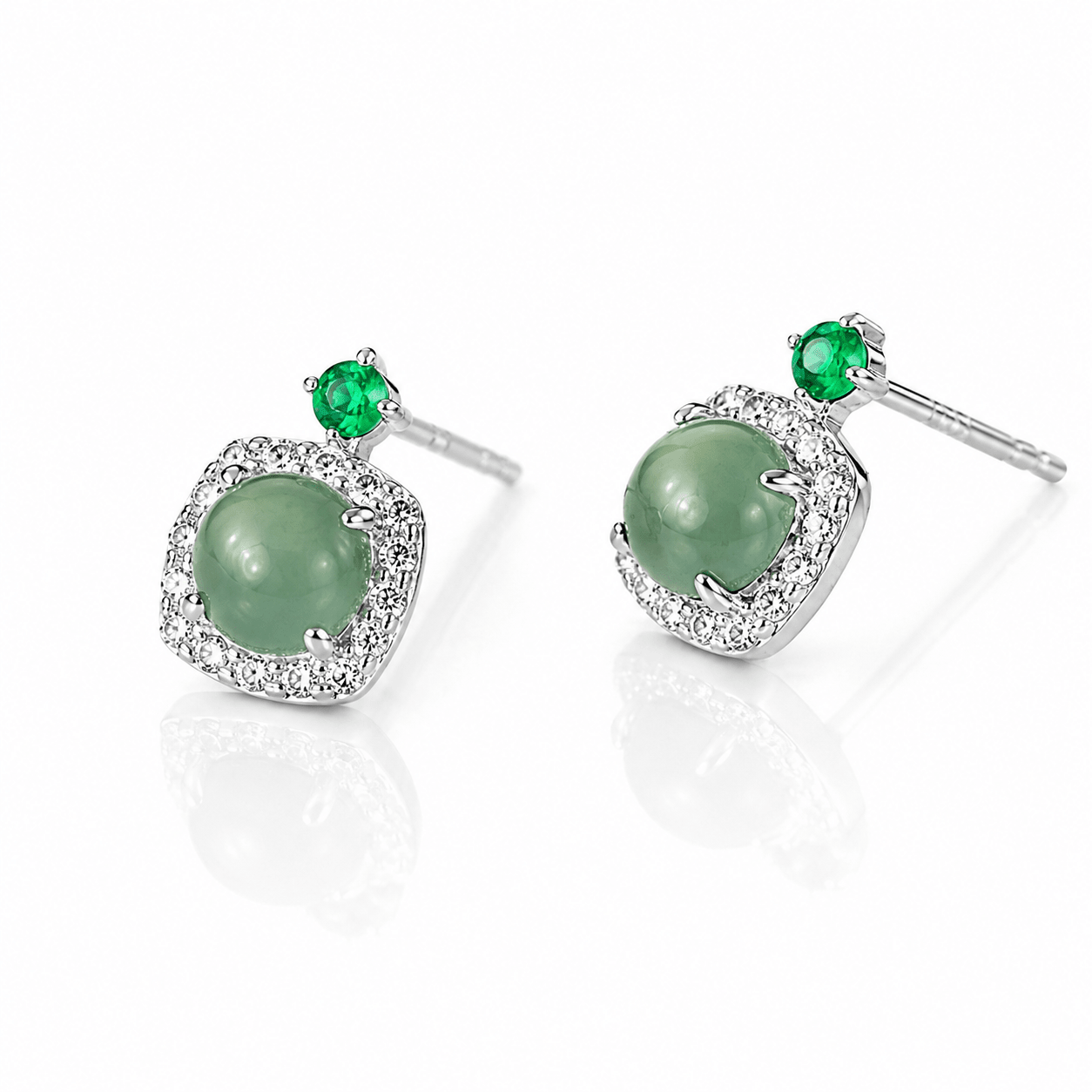 Green Cat Eye Stone Stud Earrings with CZ Halo in Sterling Silver - NAFALUXE