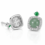 Green Cat Eye Stone Stud Earrings with CZ Halo in Sterling Silver - NAFALUXE