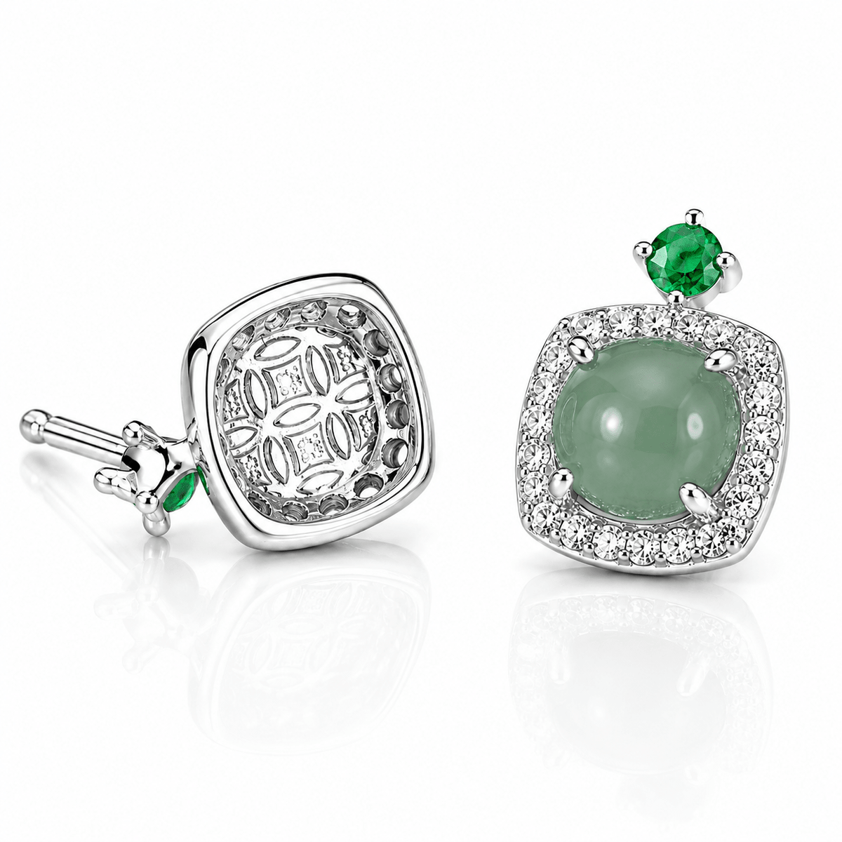 Green Cat Eye Stone Stud Earrings with CZ Halo in Sterling Silver - NAFALUXE