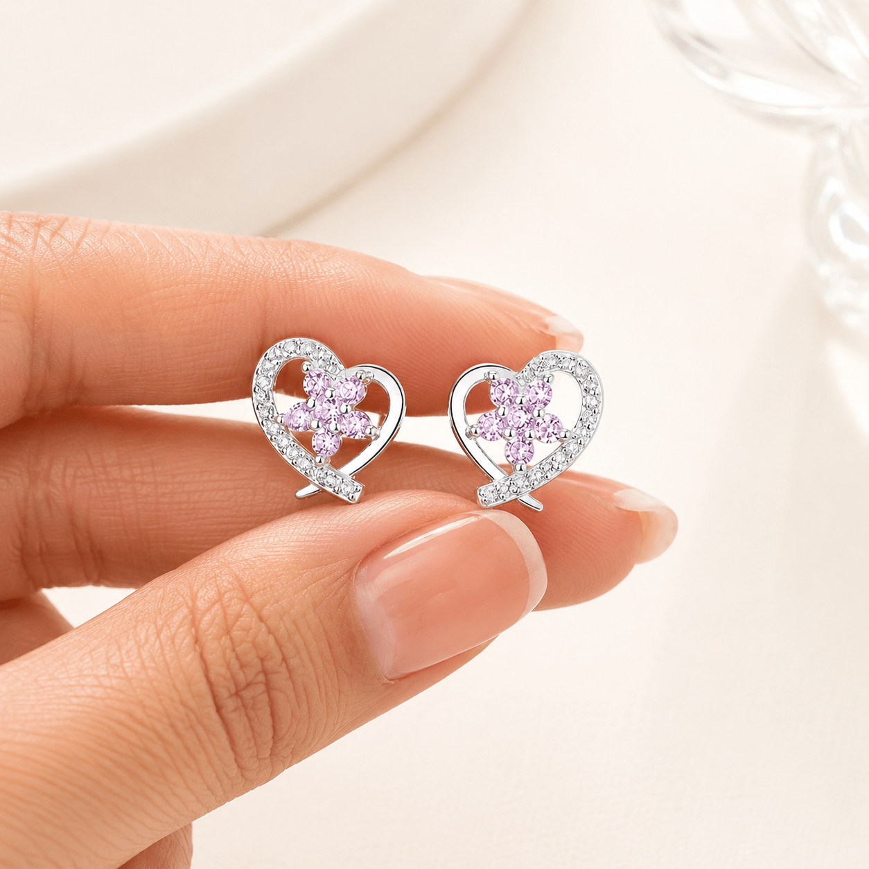 Heart Stud Earrings with Pink Flower AAA Cubic Zirconia - NAFALUXE