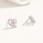 Heart Stud Earrings with Pink Flower AAA Cubic Zirconia - NAFALUXE