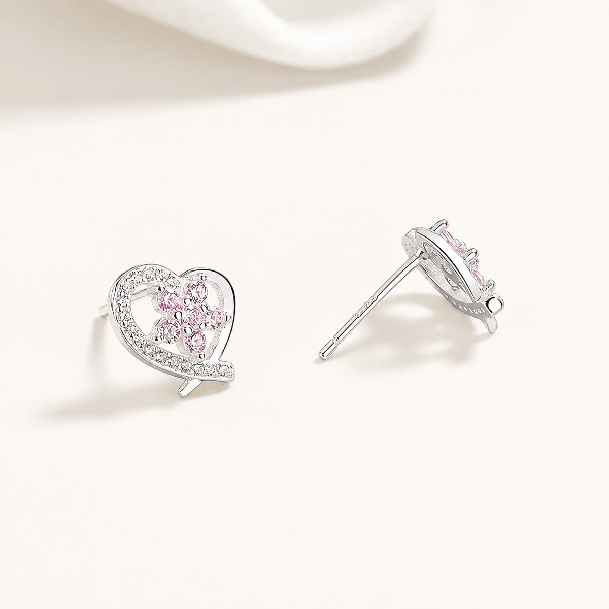 Heart Stud Earrings with Pink Flower AAA Cubic Zirconia - NAFALUXE