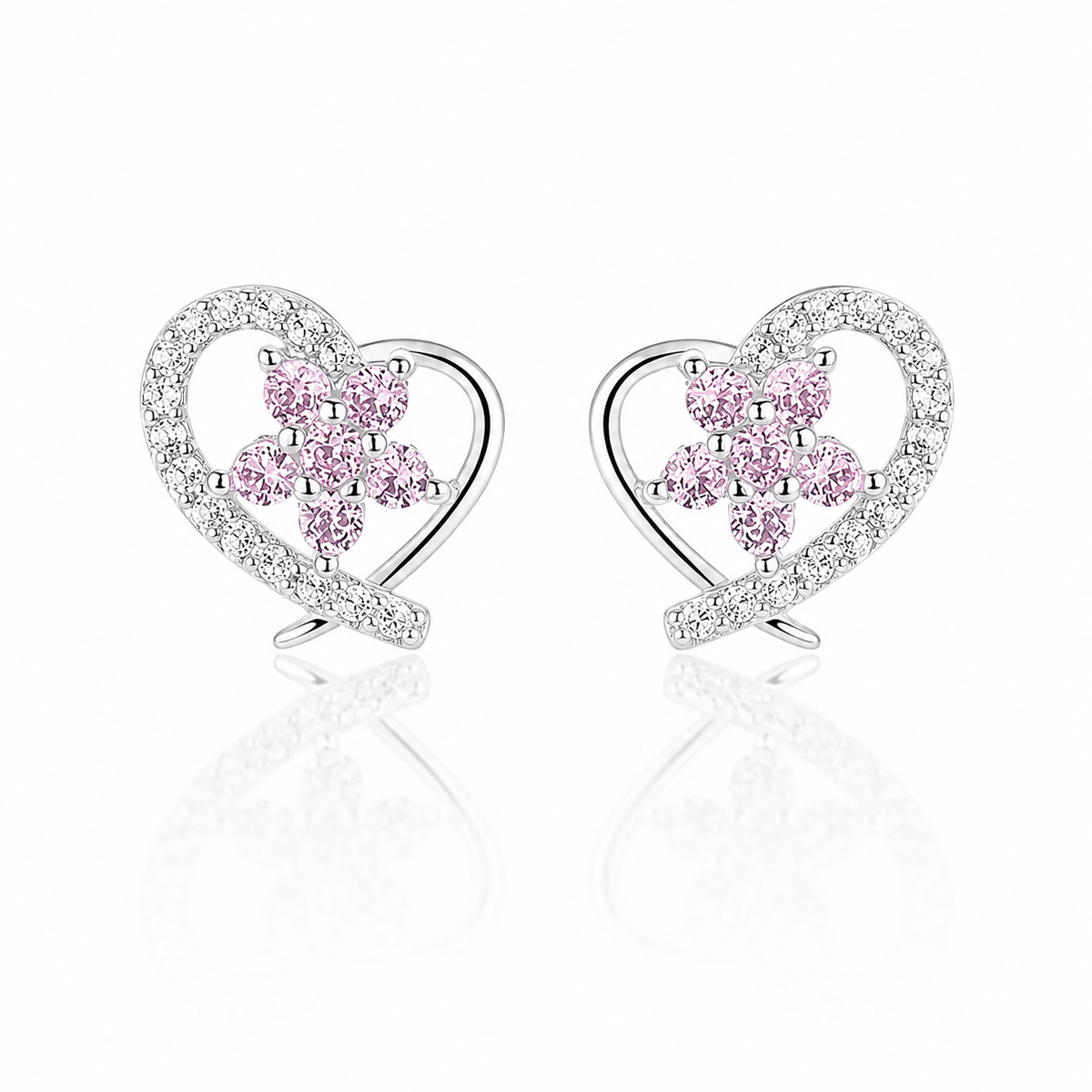 Heart Stud Earrings with Pink Flower AAA Cubic Zirconia - NAFALUXE
