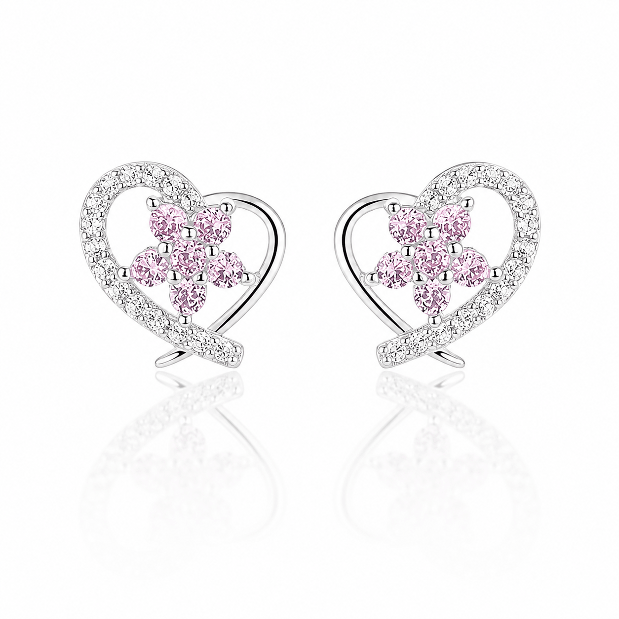 Heart Stud Earrings with Pink Flower AAA Cubic Zirconia - NAFALUXE