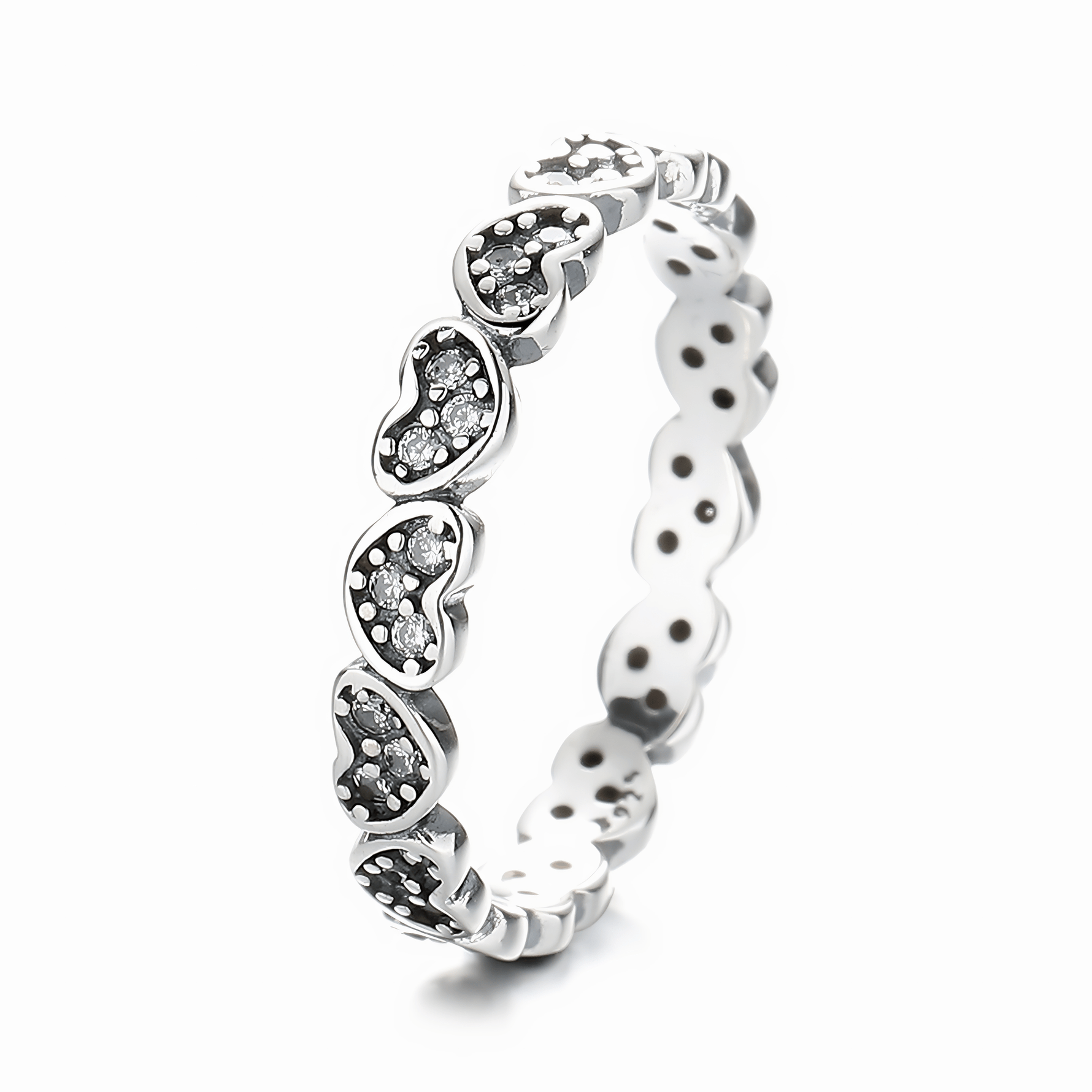 Heartbeat Spark – Sterling Silver Eternity Band with Blackened Heart Accents & CZ Stones - NAFALUXE