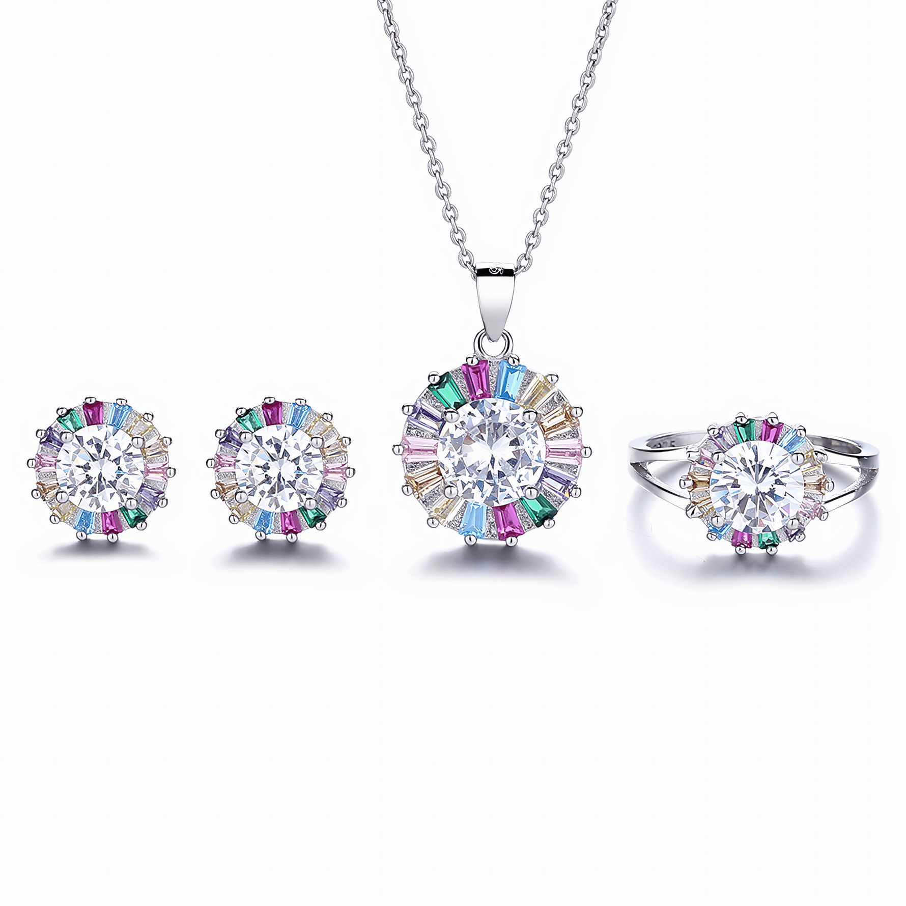 Jewelry Set with Colorful Baguette Crystals – Necklace Ring and Earrings - NAFALUXE