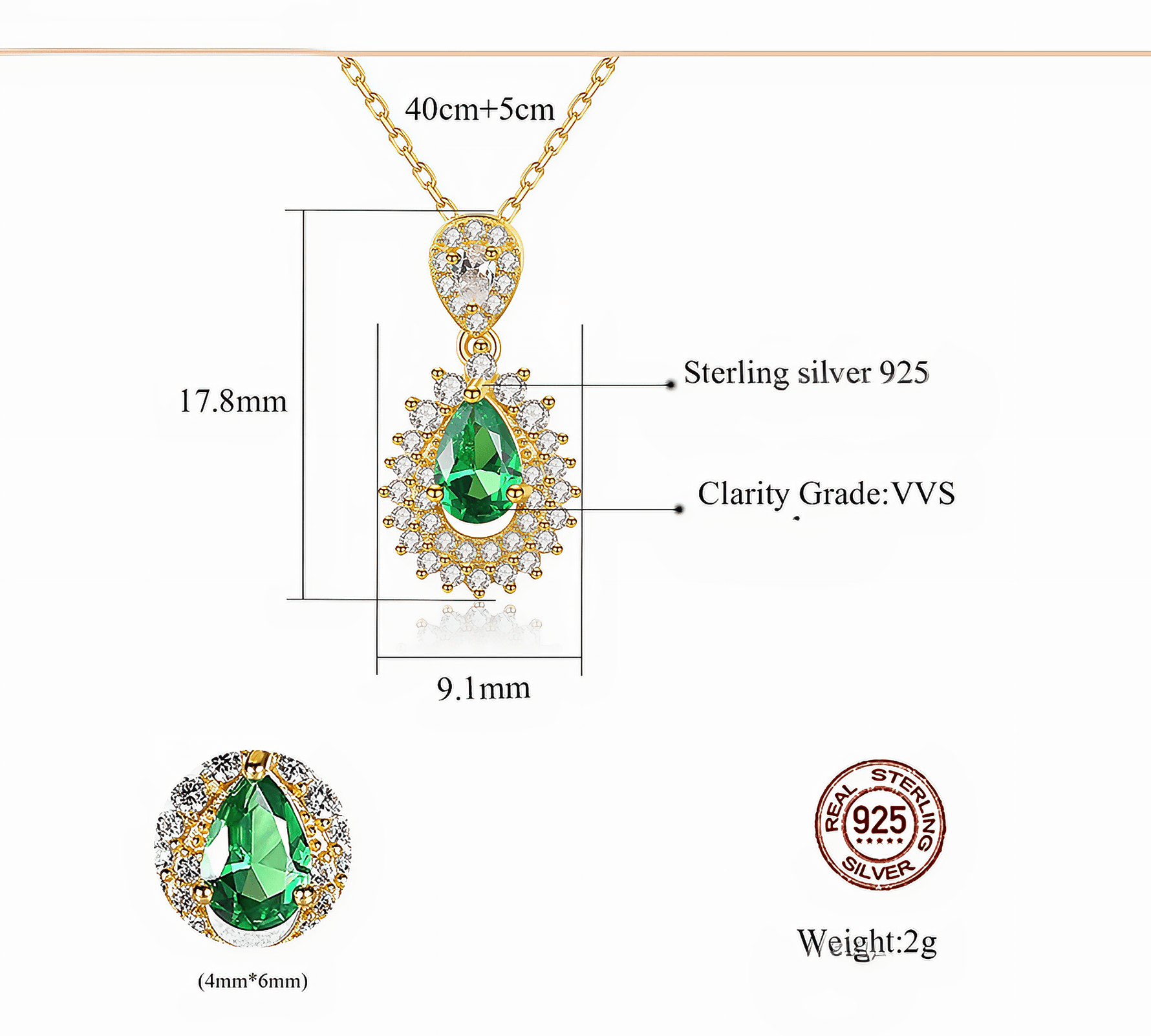 Collier avec pendentif en forme de poire vert émeraude, orné d'une pierre CZ de luxe, en argent sterling 925 plaqué or - NAFALUXE