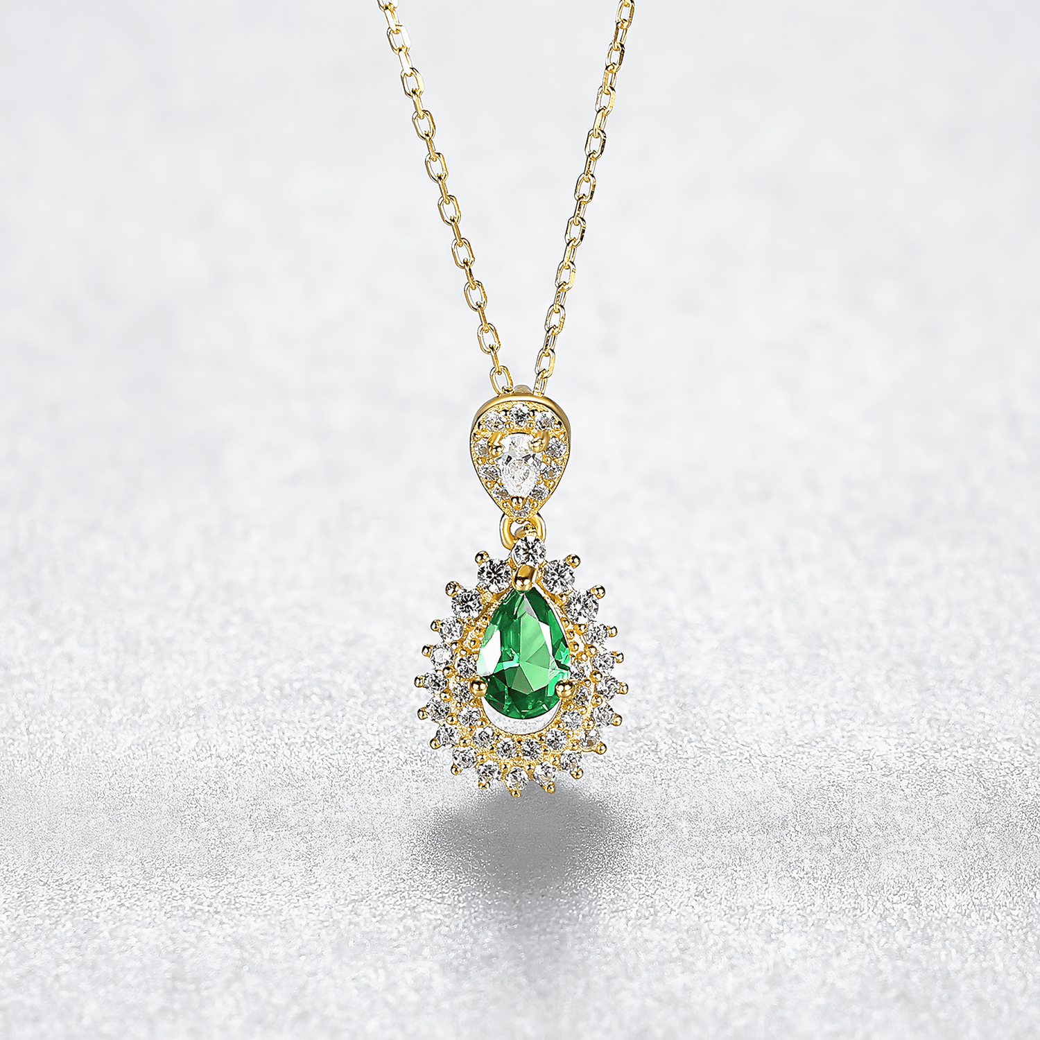Luxury CZ Emerald Green Pear - Cut Pendant Necklace in 925 Sterling Silver Gold Plated - NAFALUXE