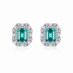 Luxury Emerald - Cut Green CZ Halo Stud Earrings in Sterling Silver - NAFALUXE