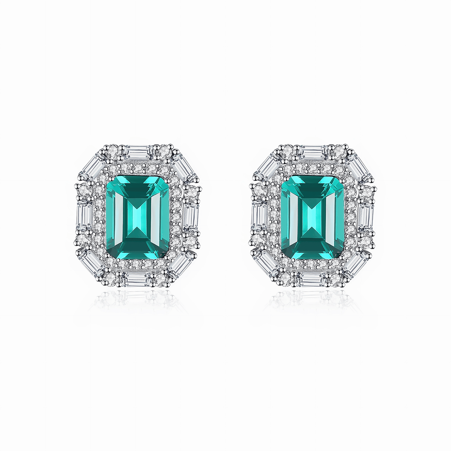 Luxury Emerald - Cut Green CZ Halo Stud Earrings in Sterling Silver - NAFALUXE