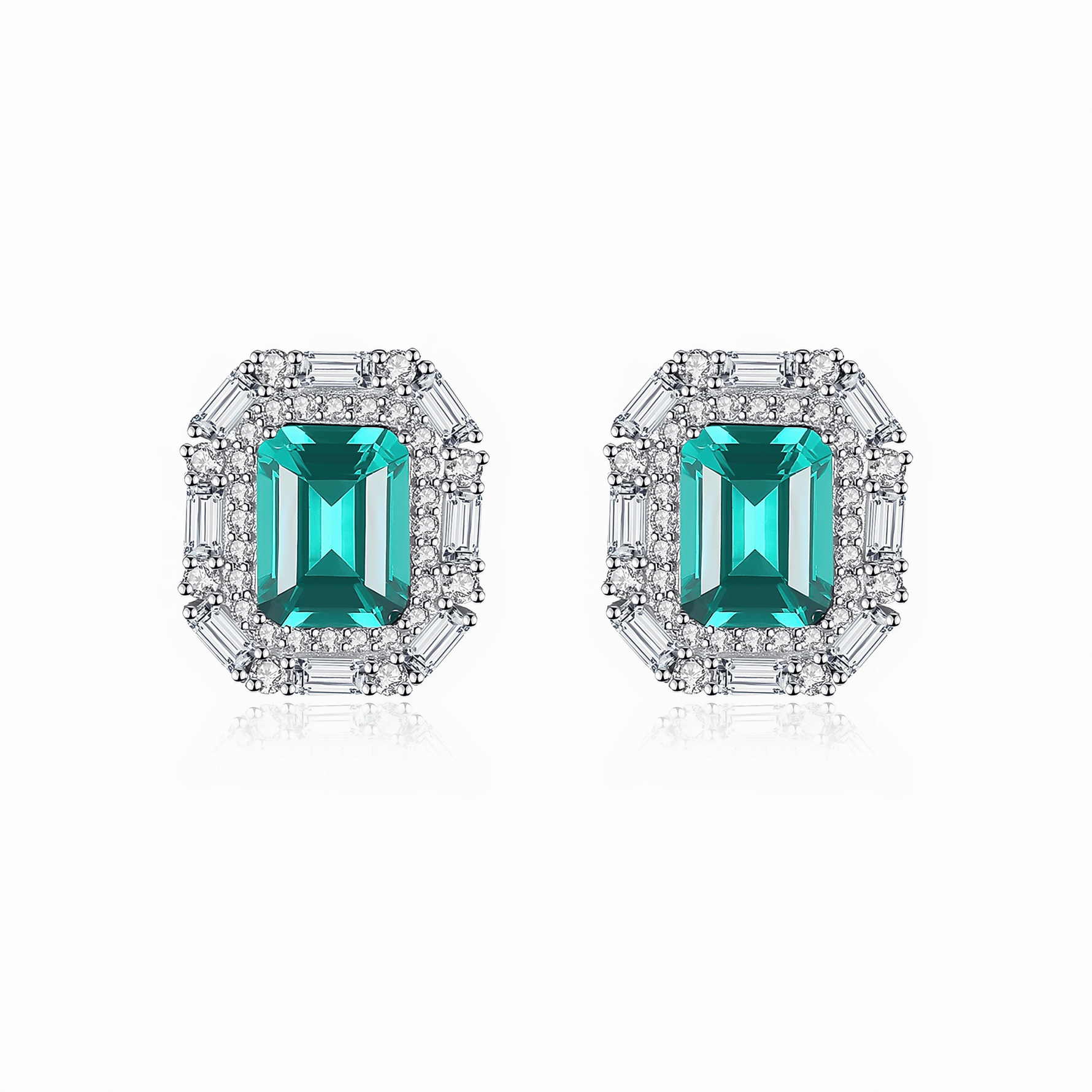 Luxury Emerald - Cut Green CZ Halo Stud Earrings in Sterling Silver - NAFALUXE