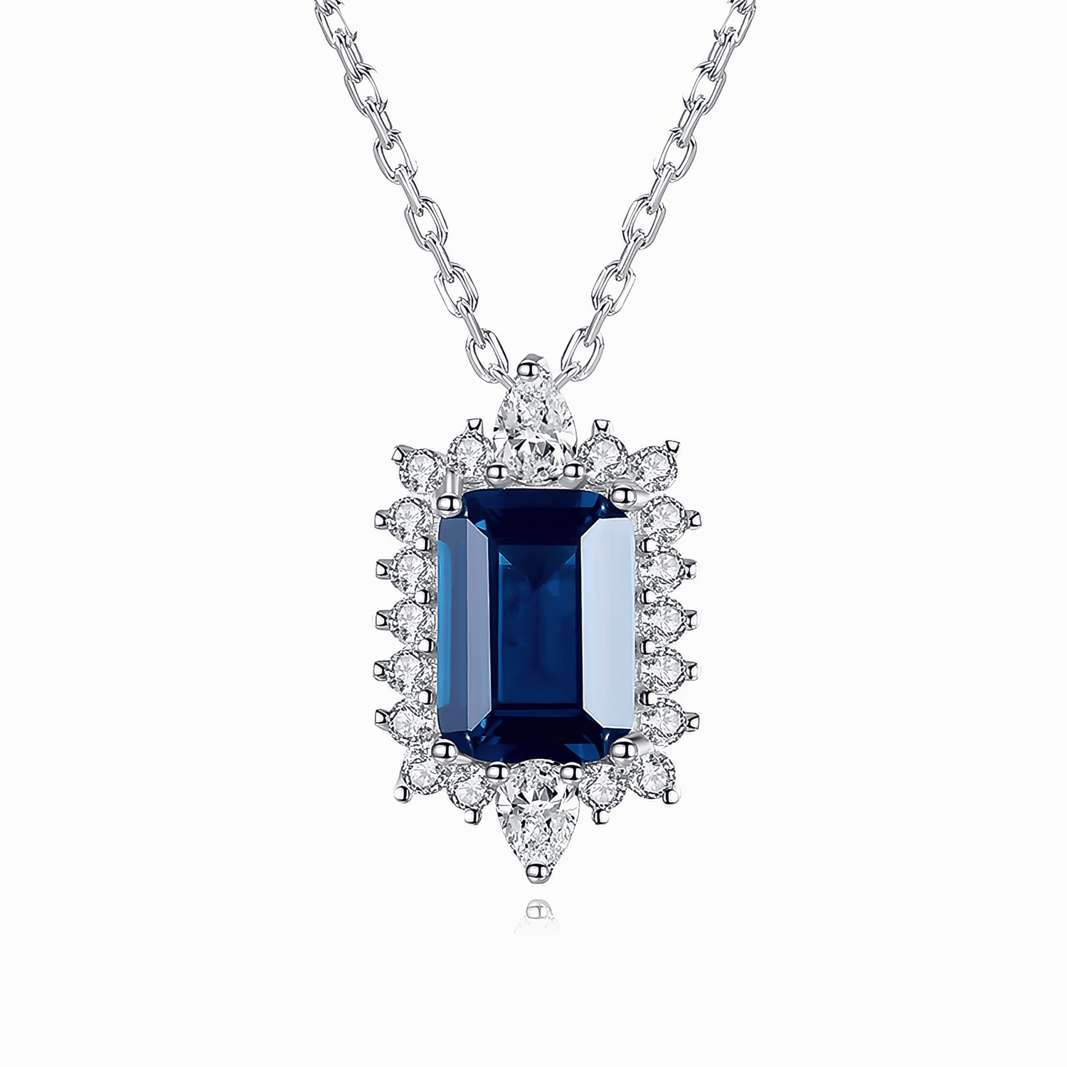 Luxury Sapphire Blue CZ Halo Pendant Necklace in Sterling Silver - NAFALUXE