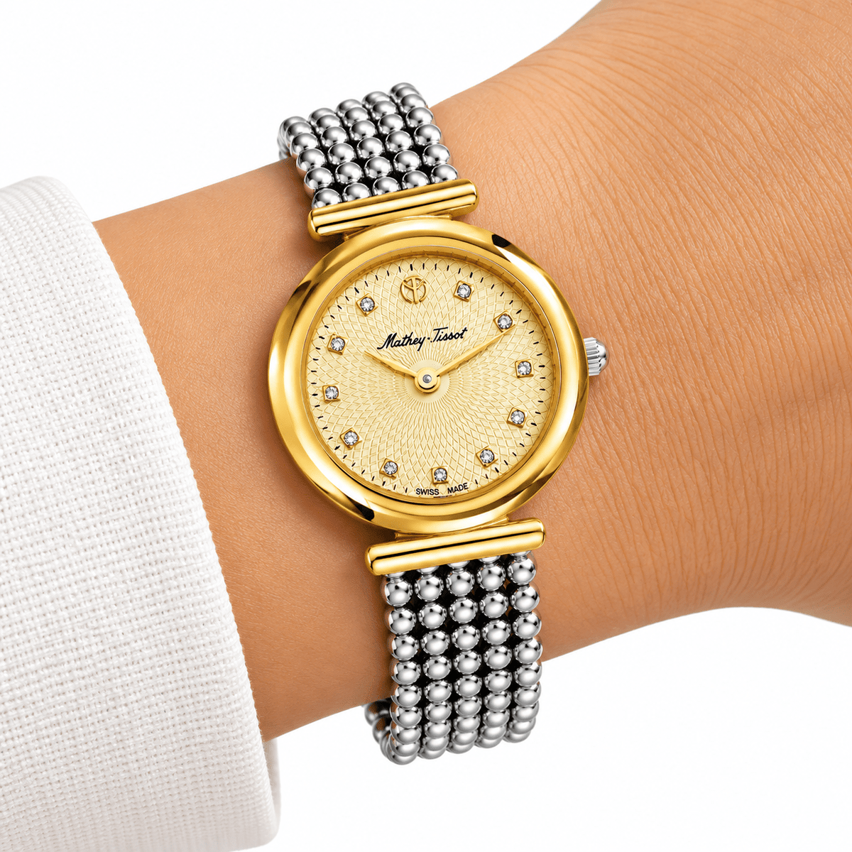 Mathey-Tissot Allure D539BDI – Swiss Made Women's Quartz Watch, 28mm, Two-Tone Stainless Steel, Champagne Dial, Sapphire Crystal - NAFALUXE