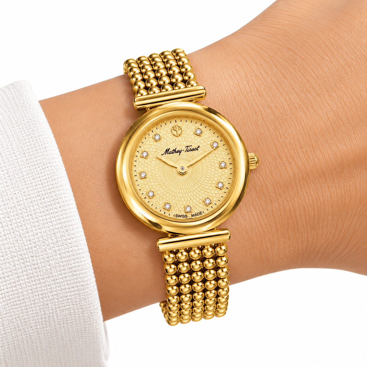 Mathey-Tissot Allure D539PDI – Swiss Made Women's Quartz Watch, 28mm, Yellow Gold-Plated Stainless Steel, Champagne Dial, Sapphire Crystal - NAFALUXE