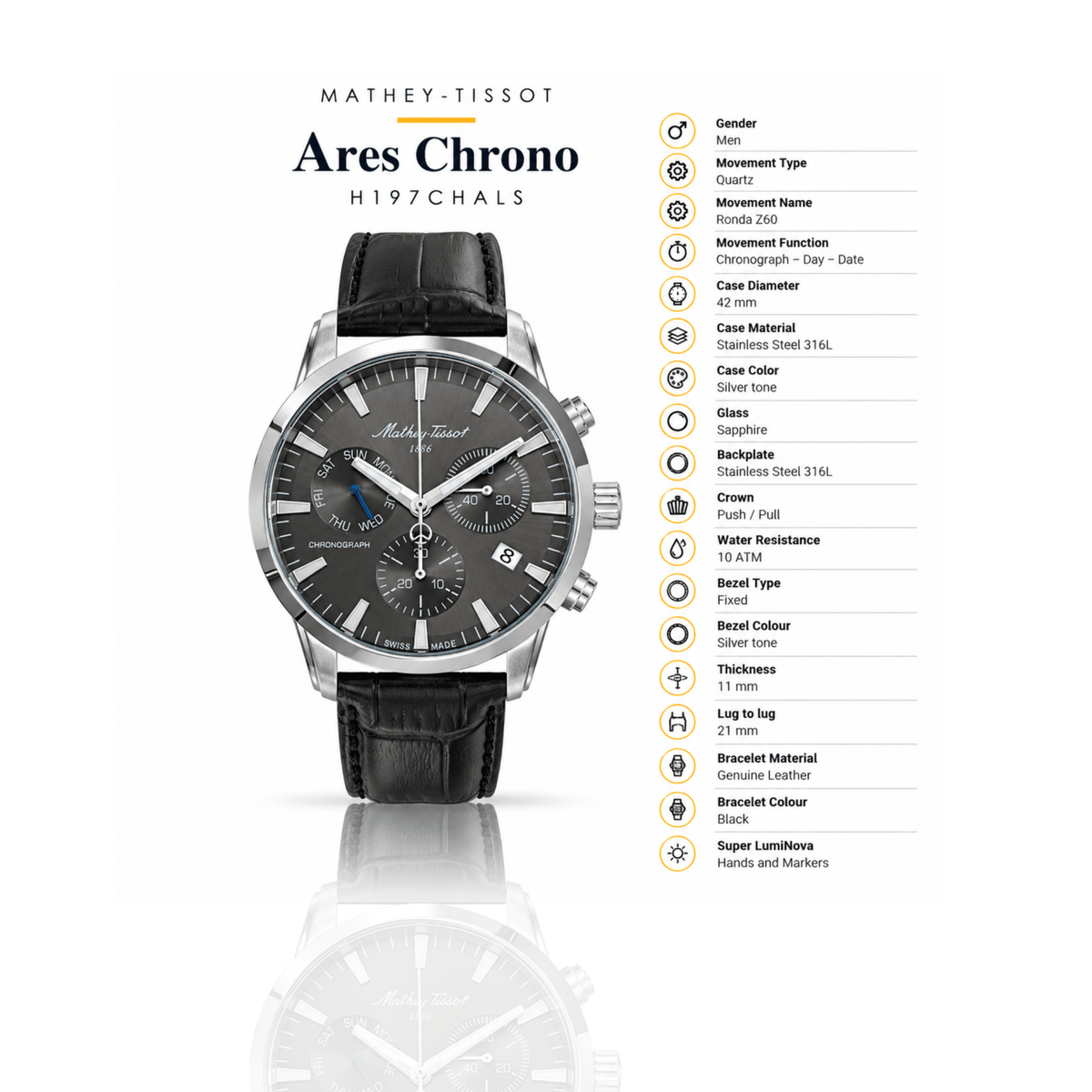 Mathey-Tissot Ares Chrono H197CHALS – Men's Swiss Made Chronograph Watch - NAFALUXE