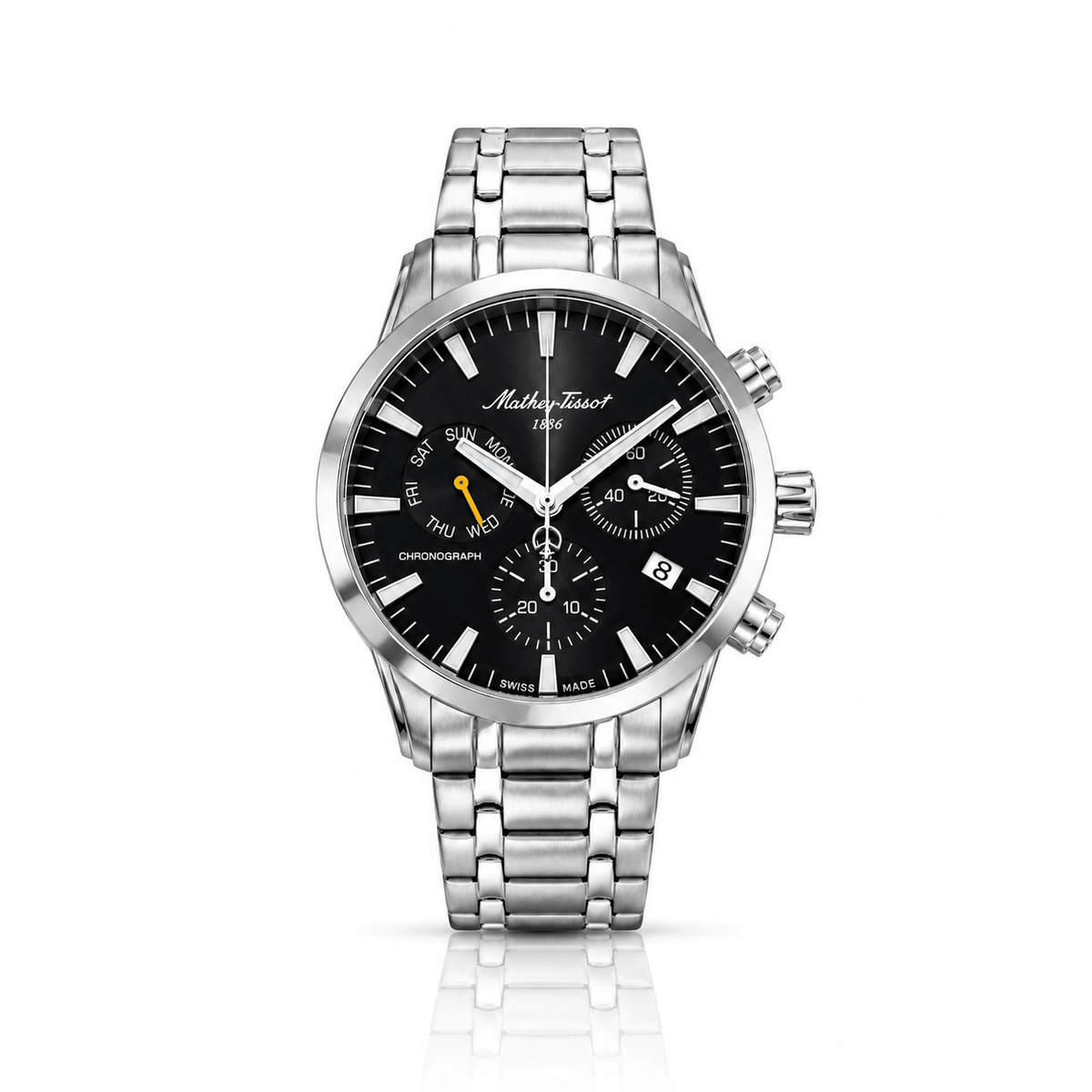 **Mathey-Tissot Ares Chrono H197CHAN – Men's Swiss Made Chronograph Watch, 42mm, Silver-Tone Stainless Steel, Black Dial, Sapphire Crystal** - NAFALUXE