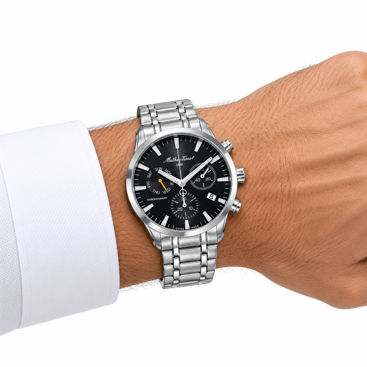 **Mathey-Tissot Ares Chrono H197CHAN – Men's Swiss Made Chronograph Watch, 42mm, Silver-Tone Stainless Steel, Black Dial, Sapphire Crystal** - NAFALUXE