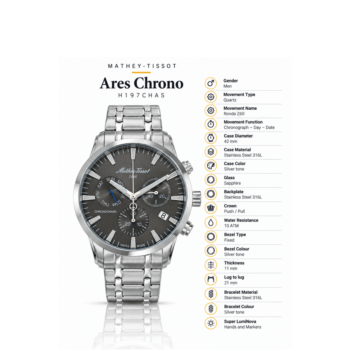 Mathey-Tissot Ares Chrono H197CHAS – Men's Swiss Made Chronograph Watch - NAFALUXE