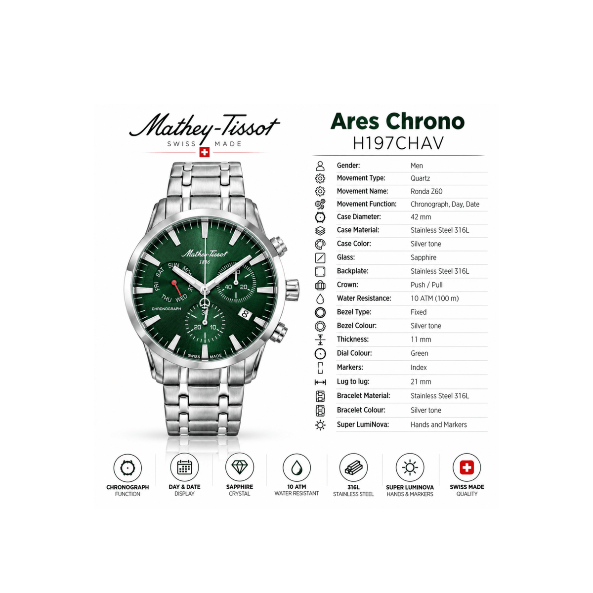 Mathey-Tissot Ares Chrono H197CHAV – Men's Swiss Made Chronograph Watch - NAFALUXE
