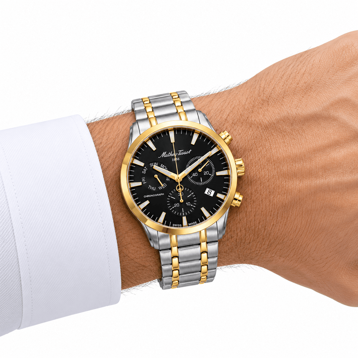 Mathey-Tissot Ares Chrono H197CHBN – Men's Swiss Made Chronograph Watch, 42mm, Two-Tone Stainless Steel, Black Dial, Sapphire Crystal - NAFALUXE