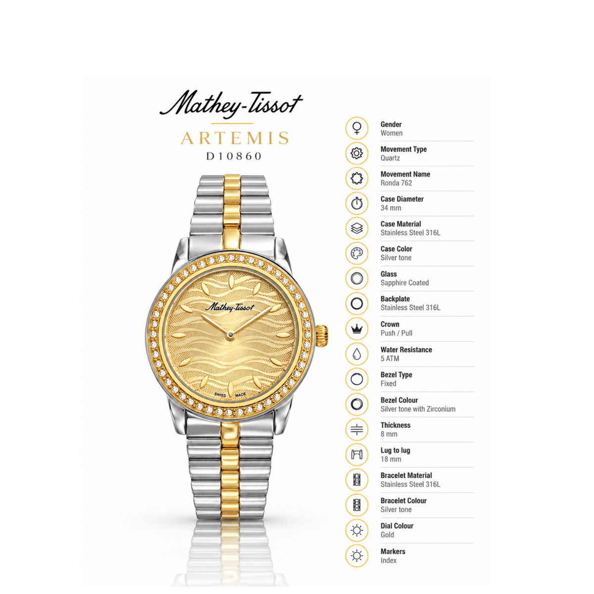 Mathey-Tissot Artemis D10860 – Women's Swiss Made Quartz Watch, Gold Dial, Two-Tone Stainless Steel - NAFALUXE