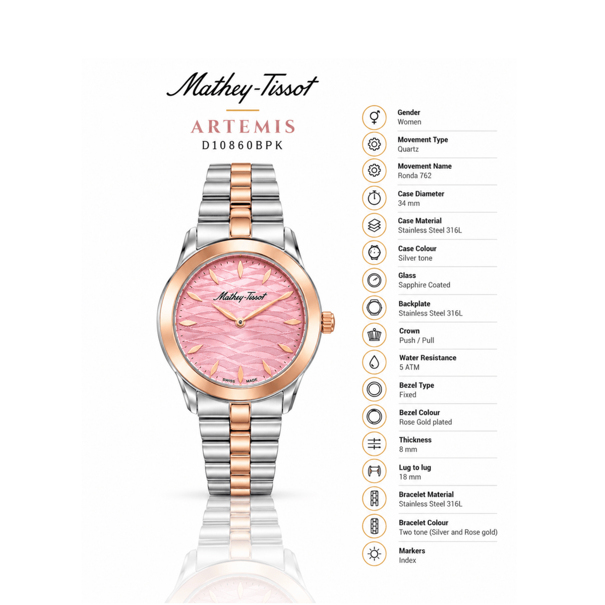 Mathey-Tissot Artemis D10860BPK – Women's Swiss Made Quartz Watch – Pink Dial – Two-Tone Rose Gold & Silver - NAFALUXE