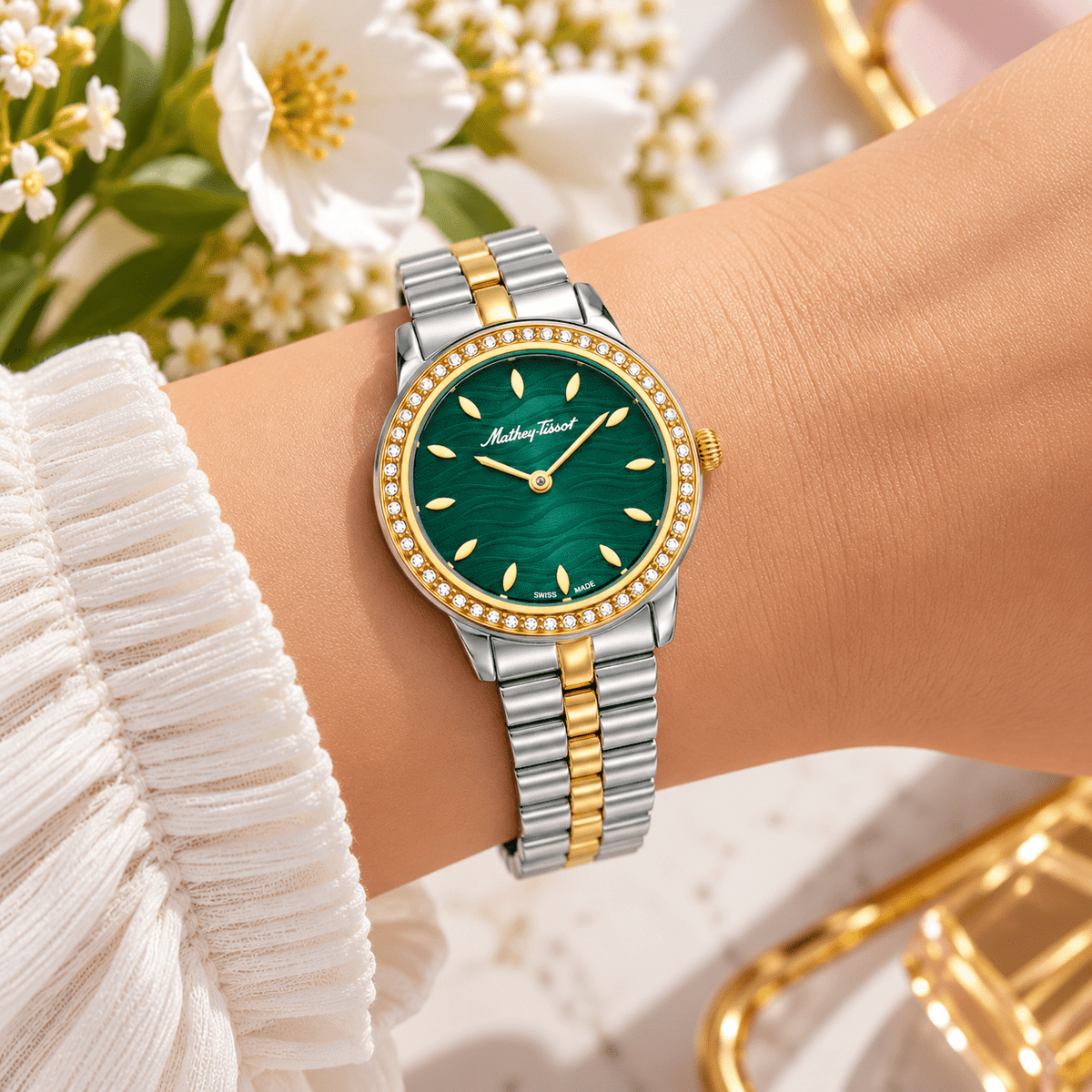 Mathey-Tissot Artemis D10860BQYV – Women's Swiss Made Quartz Watch – Green Dial – Two-Tone Gold & Silver - NAFALUXE