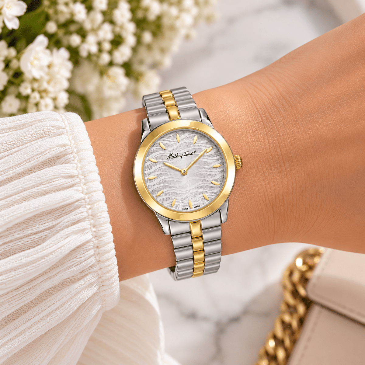 Mathey-Tissot Artemis D10860BYS – Women's Swiss Made Quartz Watch | White Dial | Two-Tone Silver & Yellow Gold - NAFALUXE