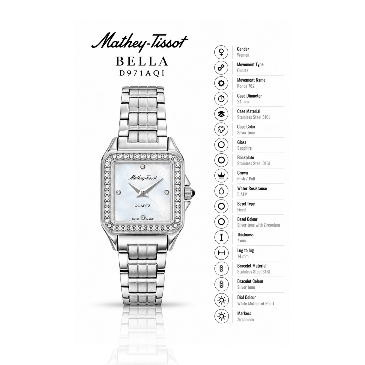 Mathey-Tissot Bella D971AQI – Women's Swiss Made Quartz Watch | White Mother of Pearl Dial | Silver Stainless Steel | Zirconium Bezel - NAFALUXE