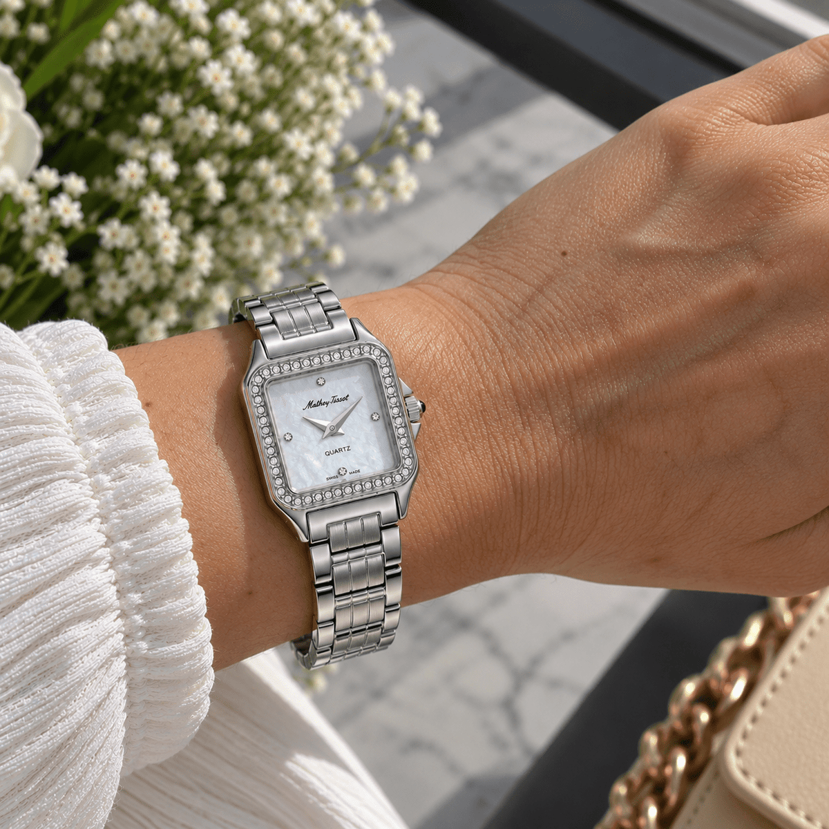 Mathey-Tissot Bella D971AQI – Women's Swiss Made Quartz Watch | White Mother of Pearl Dial | Silver Stainless Steel | Zirconium Bezel - NAFALUXE
