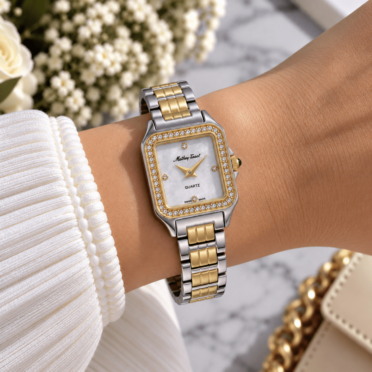 Mathey-Tissot Bella D971BQYI – Women's Swiss Made Quartz Watch | Mother-of-Pearl Dial | Two-Tone Gold & Silver | 24 mm - NAFALUXE