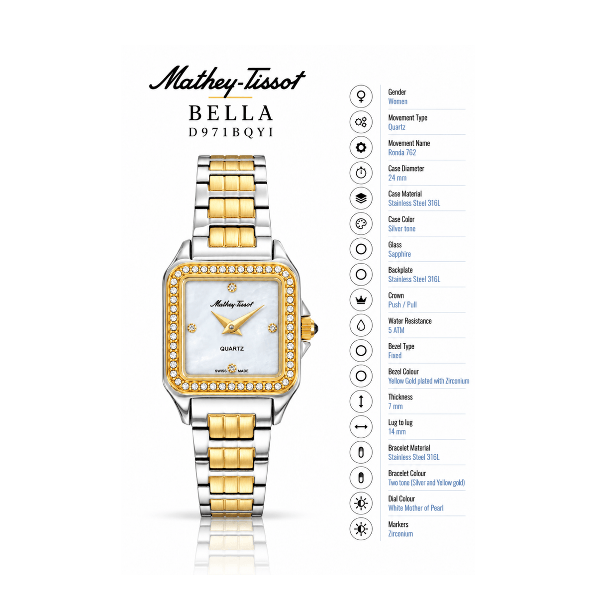 Mathey-Tissot Bella D971BQYI – Women's Swiss Made Quartz Watch | Mother-of-Pearl Dial | Two-Tone Gold & Silver | 24 mm - NAFALUXE