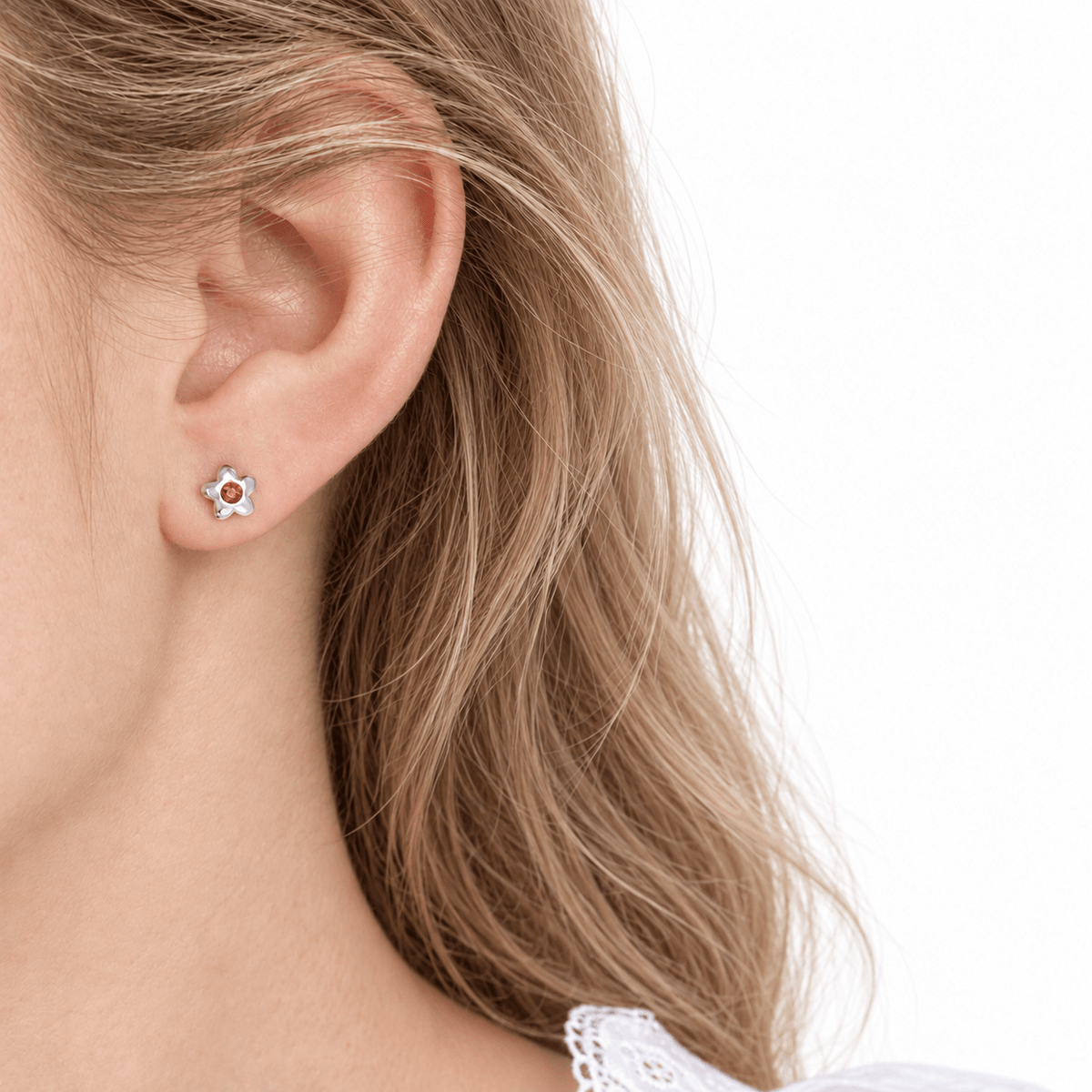 Minimalist Daisy Stud Earrings – 925 Sterling Silver Flower Earrings with Red CZ - NAFALUXE