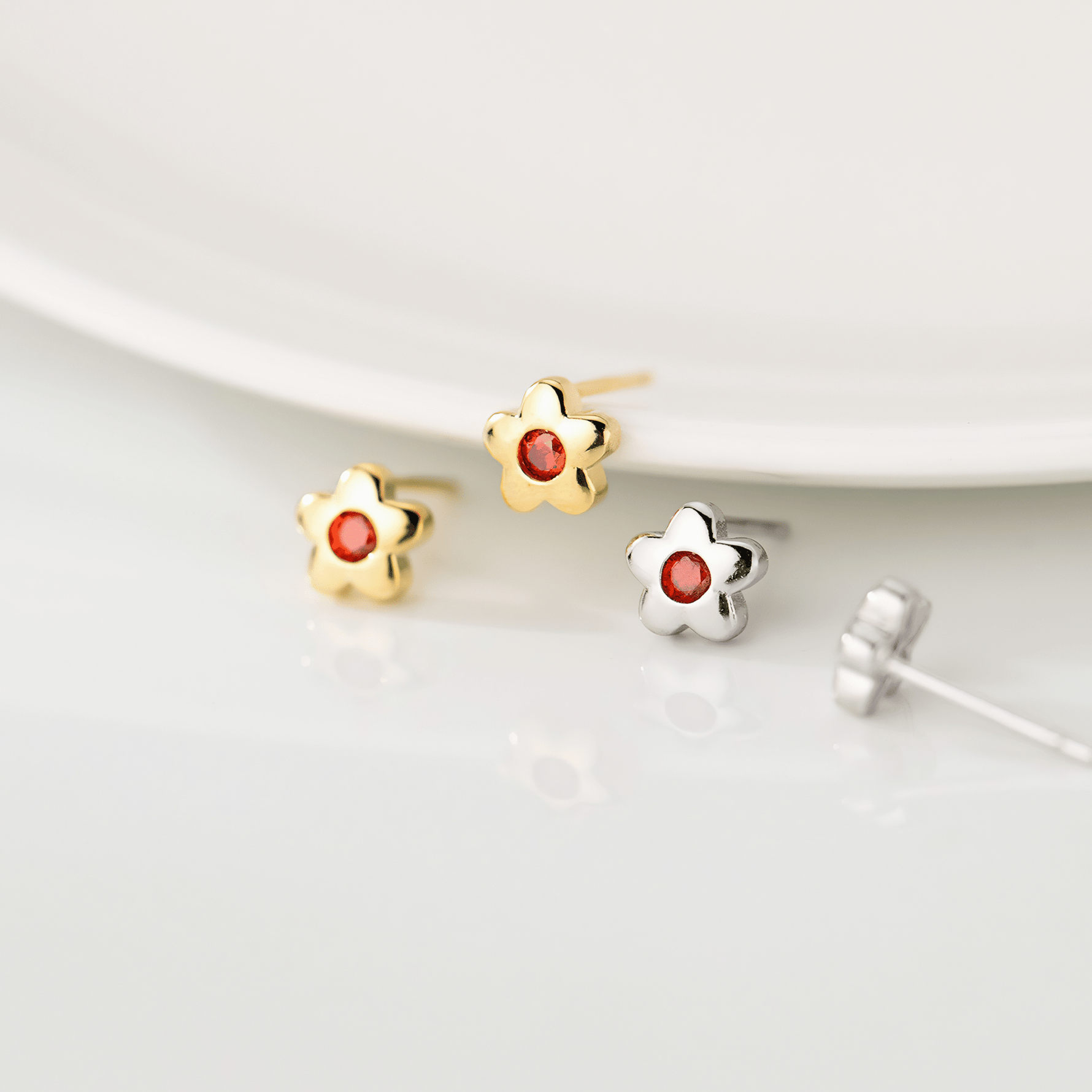 Minimalist Daisy Stud Earrings – 925 Sterling Silver Flower Earrings with Red CZ - NAFALUXE