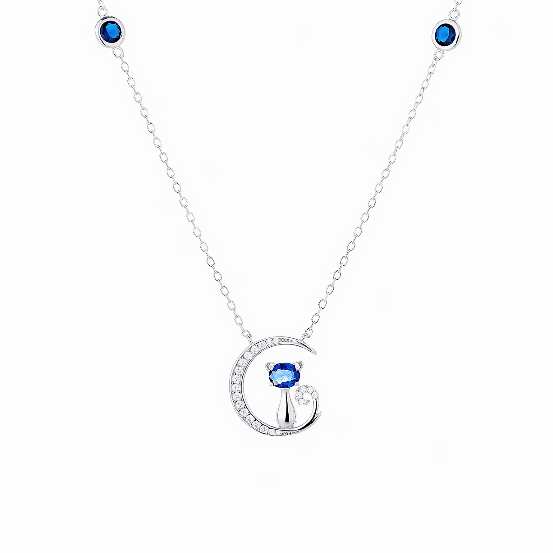 Moon Cat Necklace – Sterling Silver with Blue Sapphire Crystal - NAFALUXE
