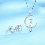 Moonlight Whiskers Set – Sparkling Cat and Crescent Moon Necklace and Earrings in Sterling Silver - NAFALUXE