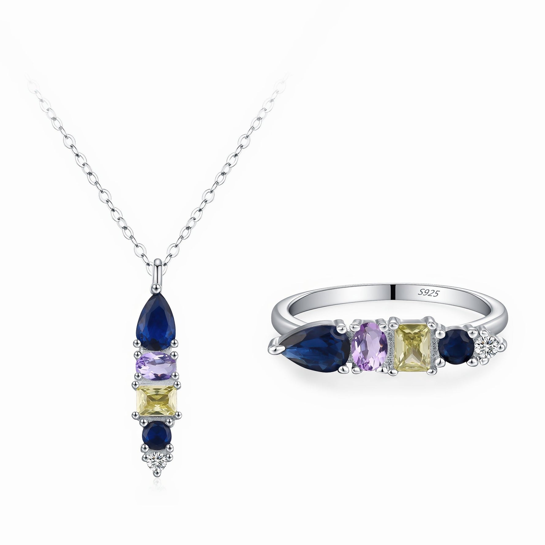 Multicolor Gemstone Necklace & Ring Set – 925 Sterling Silver - NAFALUXE