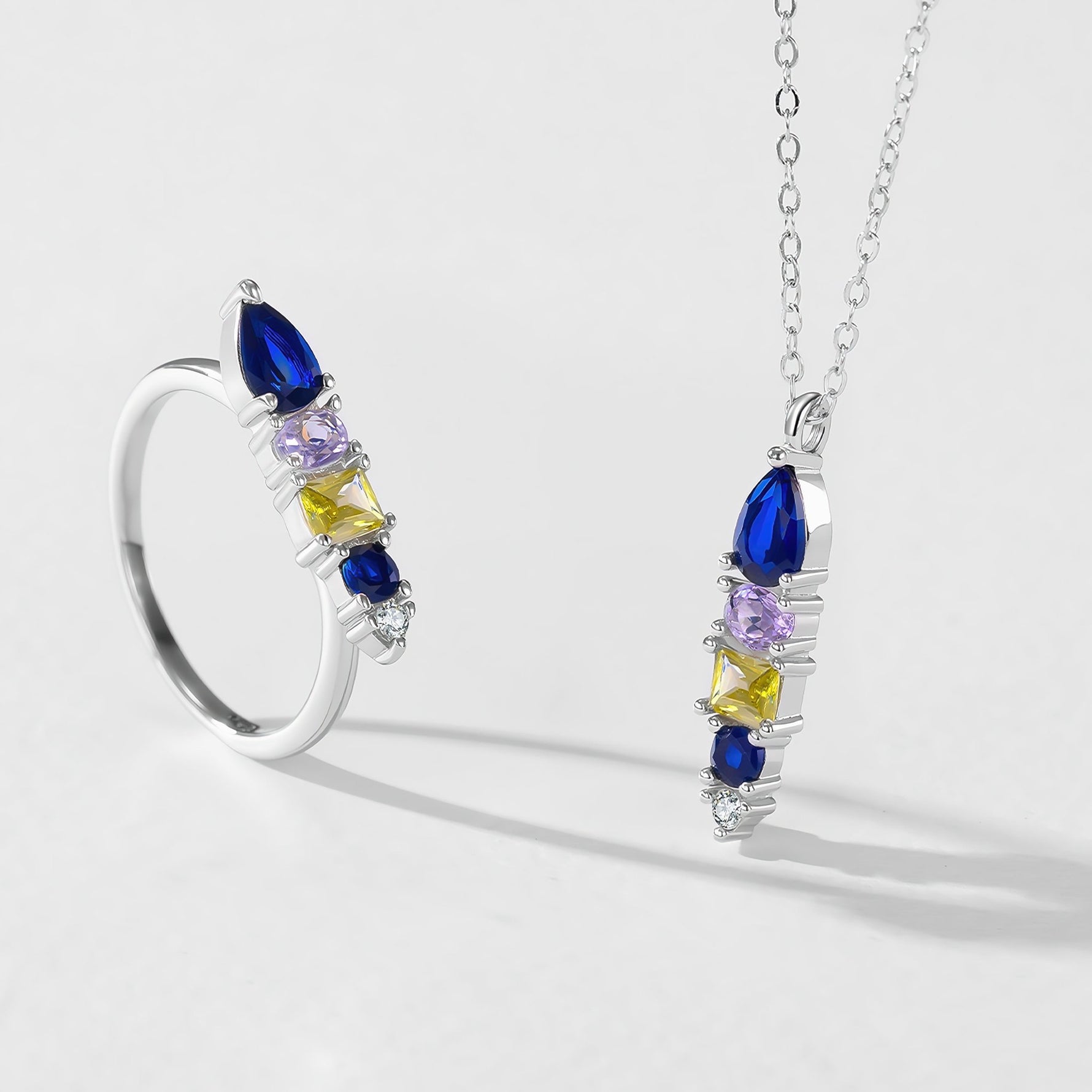 Multicolor Gemstone Necklace & Ring Set – 925 Sterling Silver - NAFALUXE