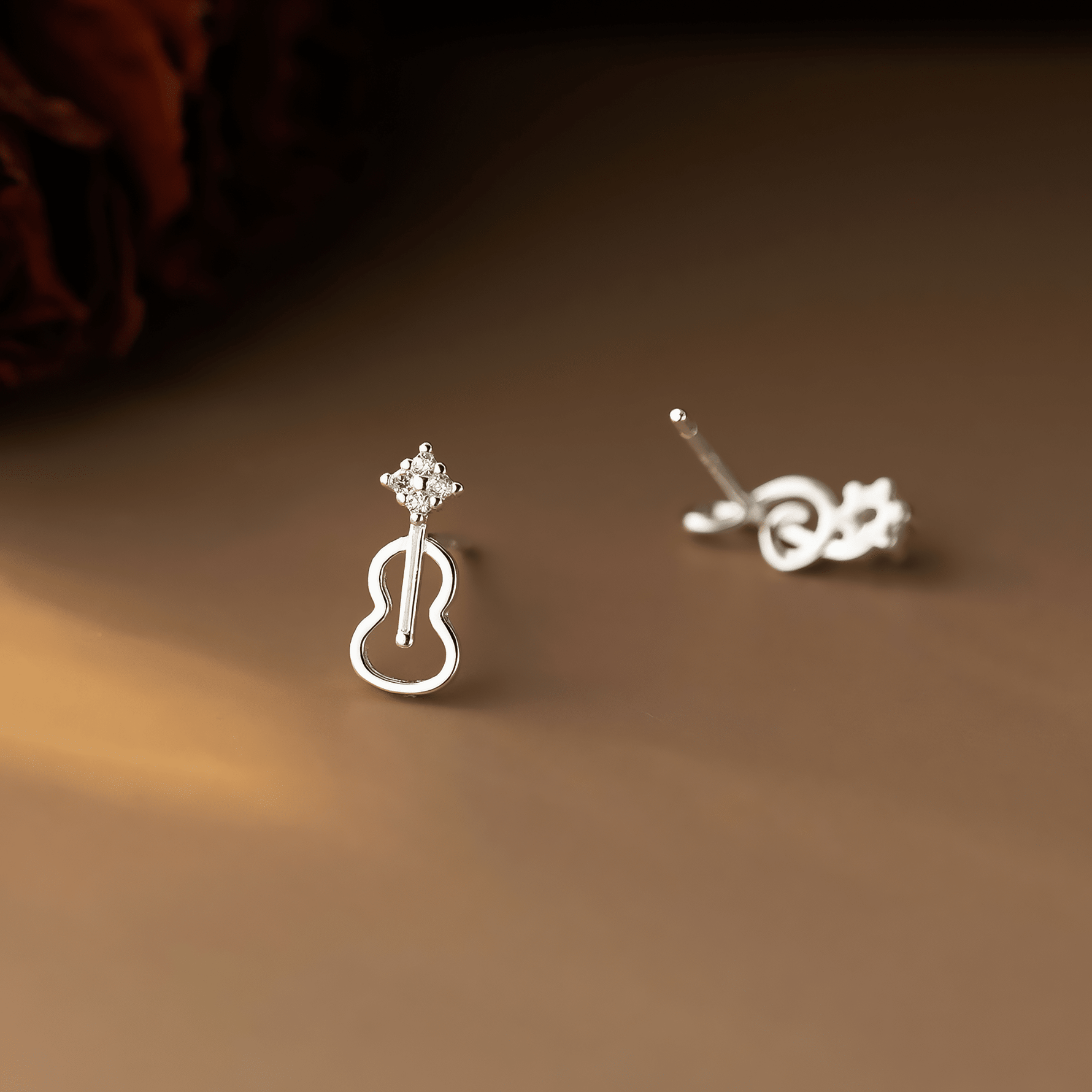 Music Note & Guitar Sterling Silver Stud Earrings – Asymmetrical CZ Earrings - NAFALUXE