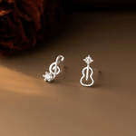 Music Note & Guitar Sterling Silver Stud Earrings – Asymmetrical CZ Earrings - NAFALUXE