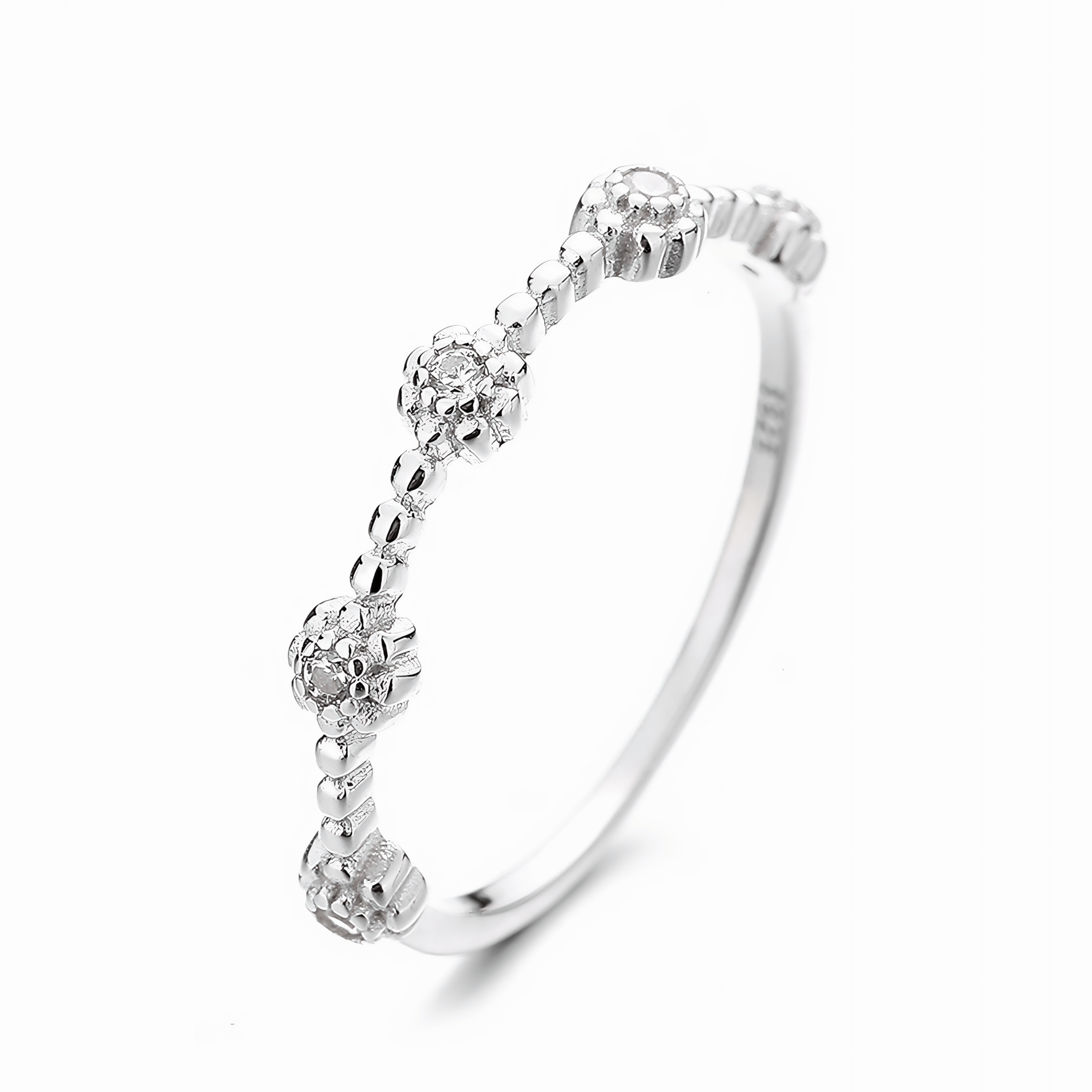 Petite Blossom – Sterling Silver Beaded Ring with Floral CZ Accents - NAFALUXE