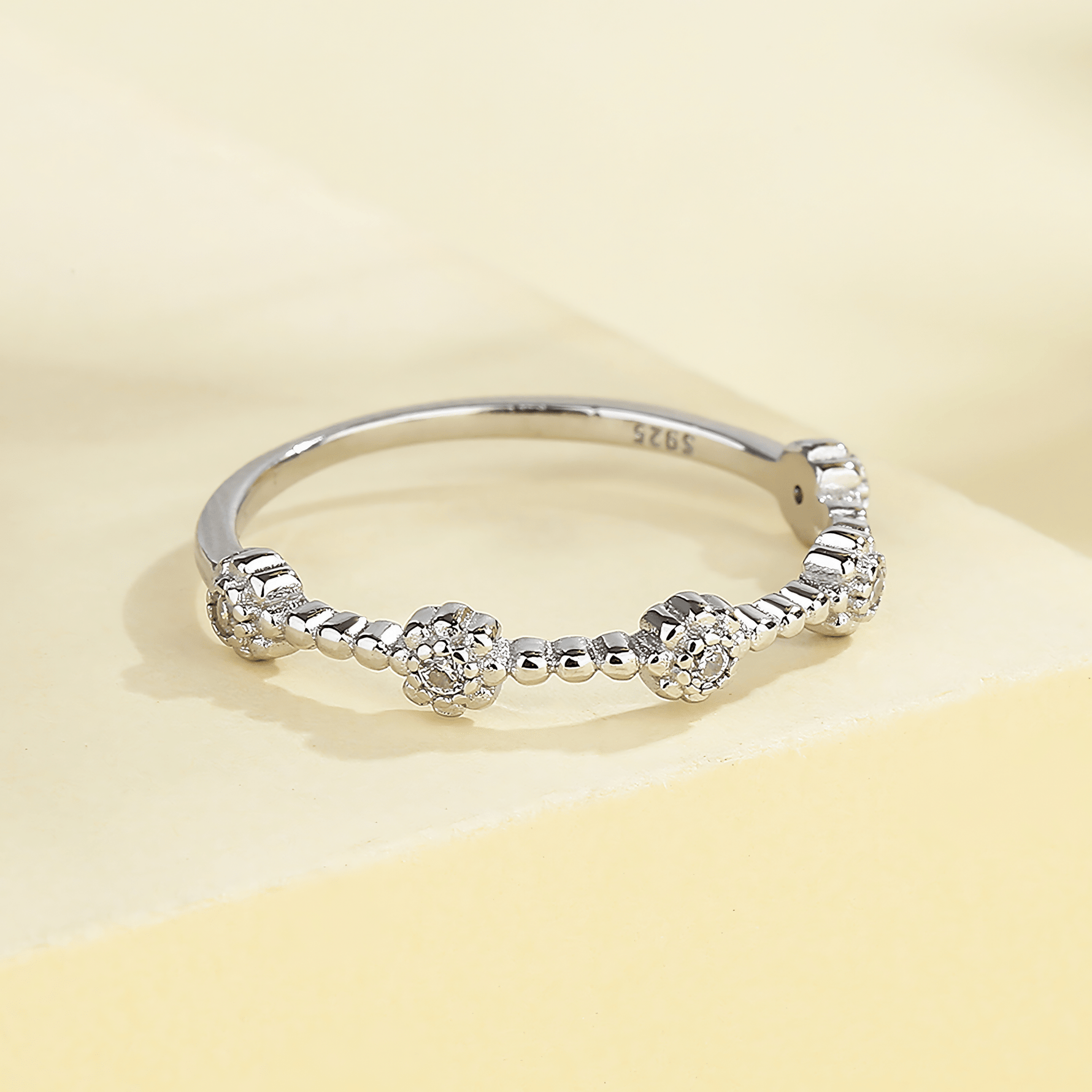 Petite Blossom – Sterling Silver Beaded Ring with Floral CZ Accents - NAFALUXE