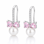 Pink Bow & Pearl Drop Earrings – 925 Sterling Silver with Heart CZ Accents - NAFALUXE