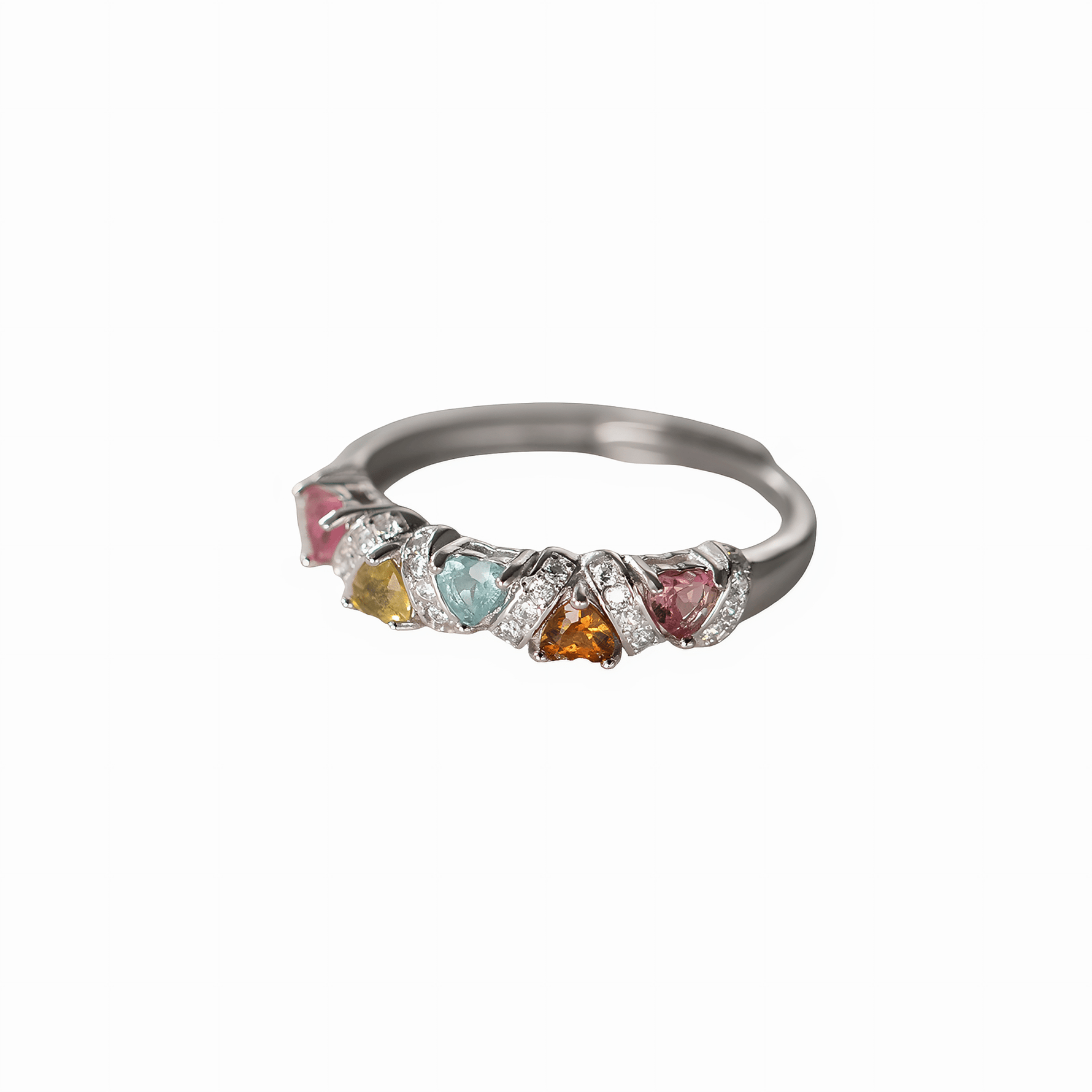 Rainbow Heart Sterling Silver Ring – Multicolor CZ Heart Band Ring - NAFALUXE