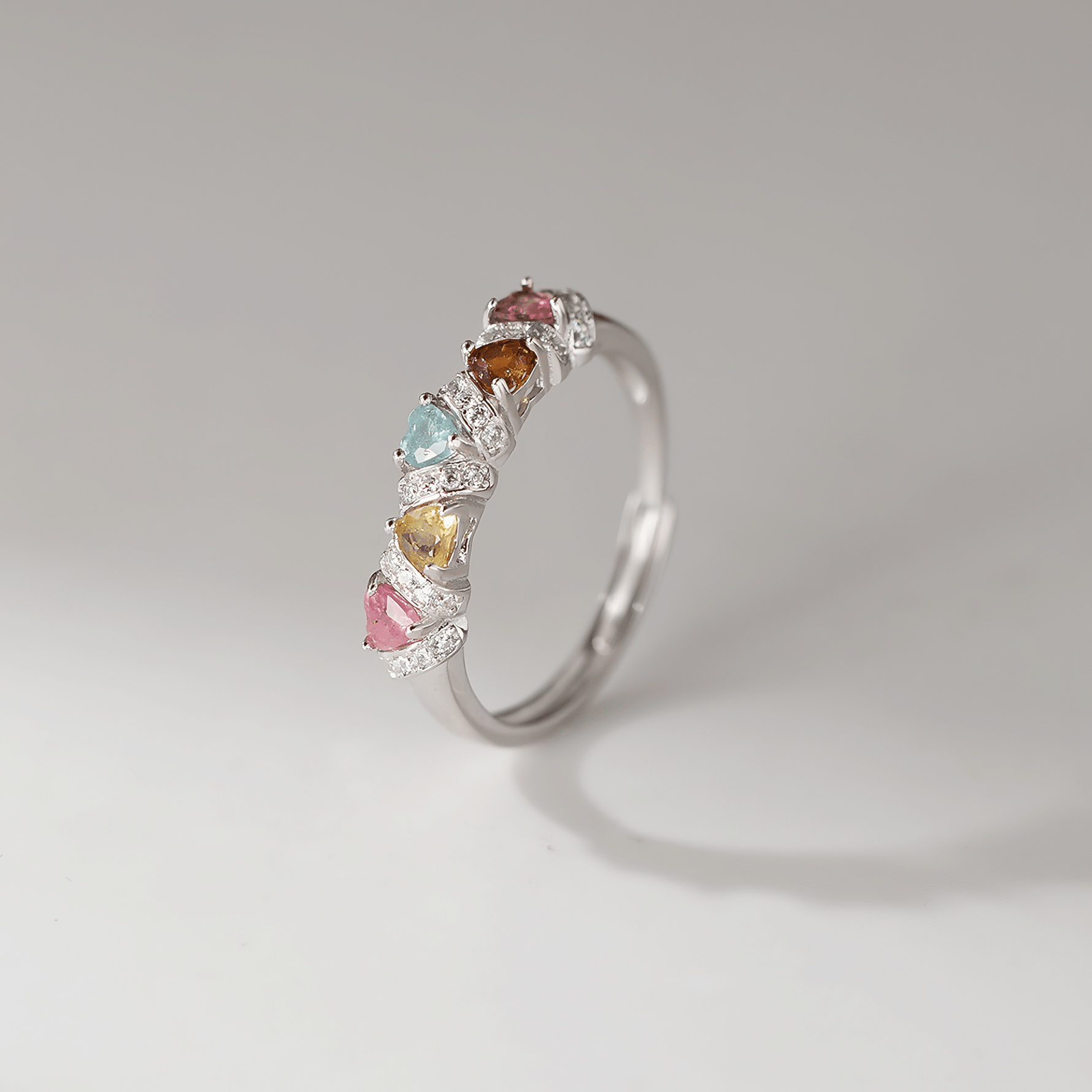 Rainbow Heart Sterling Silver Ring – Multicolor CZ Heart Band Ring - NAFALUXE