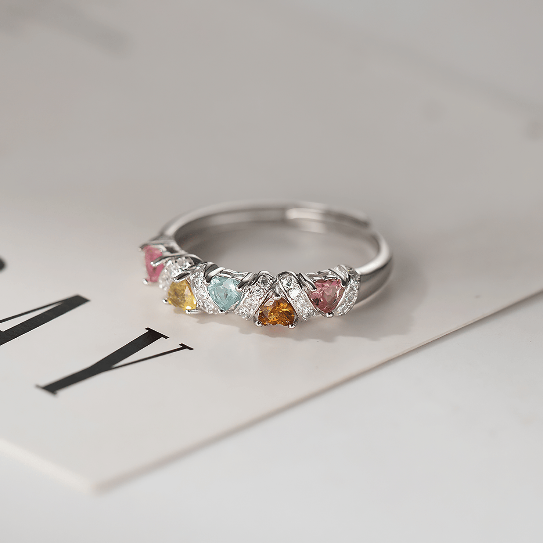 Rainbow Heart Sterling Silver Ring – Multicolor CZ Heart Band Ring - NAFALUXE